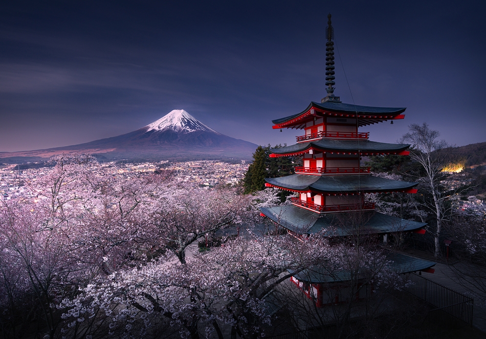 karol_nienartowicz - Chureito Pagoda. Japonia jak z obrazka, czyli poranny widok na górę Fuji – najwyższy szczyt Japonii, podczas sakury (kwitnienia wiśni) z pagody Chureito. 04.2024 . Zdjęcie 323911